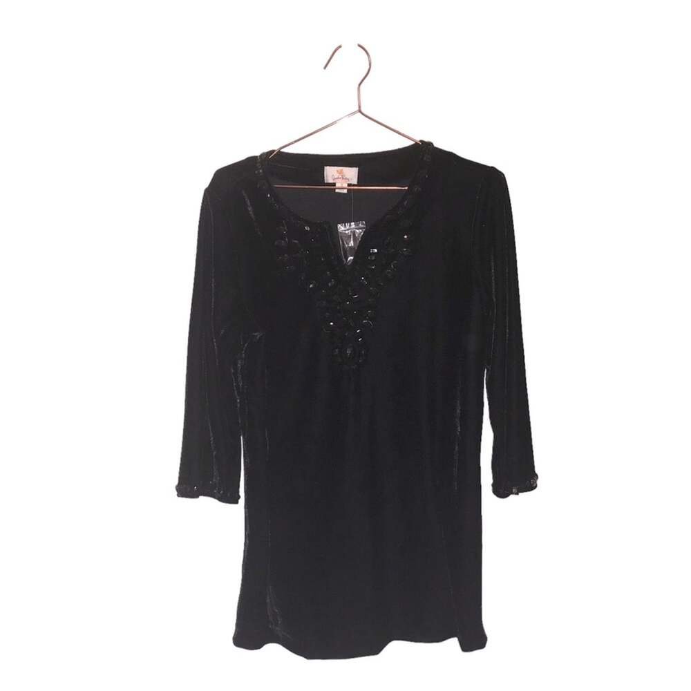 Quaker factory Black Velour (Velvet-Like) Embellished Blouse small new with tag